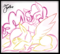 Size: 900x800 | Tagged: safe, artist:php163, fluttershy, pinkie pie, earth pony, pegasus, pony, g4, duo, ear fluff, female, lying down, mare, signature, simple background, sketch, smiling, spread wings, tongue out, white background, wings