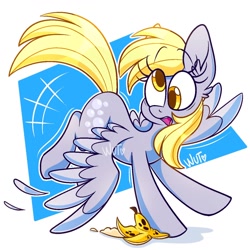 Size: 1280x1280 | Tagged: safe, artist:wutanimations, derpy hooves, pegasus, pony, g4, abstract background, banana peel, cute, derpabetes, derpy being derpy, ear fluff, feather, female, i just don't know what went wrong, mare, slipping, solo, spread wings, two toned wings, wings