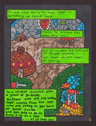 Size: 2503x3269 | Tagged: safe, artist:oatmeal155, griffon, comic:oat.meal, backstory, blades, comic, dialogue, exposition, high res, knife, stained glass, traditional art, village