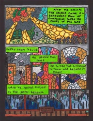 Size: 2510x3264 | Tagged: safe, artist:oatmeal155, oc, oc only, oc:emerald dew, earth pony, pony, unicorn, comic:oat.meal, backstory, comic, dialogue, ever emerald manor, exposition, high res, rain, stained glass, traditional art