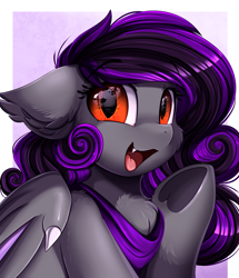 Size: 1722x2003 | Tagged: safe, artist:pridark, oc, oc only, bat pony, pony, bandana, bat pony oc, bat wings, bust, chest fluff, commission, hello, hoof heart, looking at you, open mouth, portrait, red eyes, solo, underhoof, wavy mouth, wings