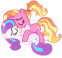 Size: 10313x9710 | Tagged: safe, artist:ejlightning007arts, luster dawn, princess flurry heart, alicorn, pony, unicorn, g4, the last problem, eyes closed, female, flurrydawn, kissing, lesbian, lying down, older, older flurry heart, ponytail, romantic, shipping, simple background, transparent background, vector