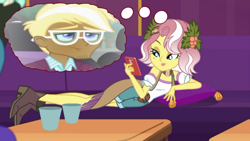 Size: 1280x720 | Tagged: safe, artist:themexicanpunisher, edit, edited screencap, screencap, trenderhoof, vignette valencia, equestria girls, g4, inclement leather, my little pony equestria girls: friendship games, female, inclement leather: vignette valencia, male, shipping, straight, thought bubble, trenette