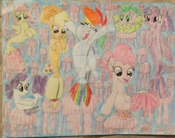 Size: 1280x1008 | Tagged: safe, artist:justinvaldecanas, applejack, fluttershy, pinkie pie, rainbow dash, rarity, spike, twilight sparkle, alicorn, fish, jellyfish, puffer fish, sea pony, seapony (g4), g4, my little pony: the movie, arms in the air, crossover, disney, fin wings, finding nemo, fins, mane six, sea ponies, seaponified, seapony applejack, seapony fluttershy, seapony pinkie pie, seapony rainbow dash, seapony rarity, seapony twilight, species swap, spike the pufferfish, traditional art, twilight sparkle (alicorn), underwater, wings