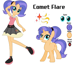 Size: 2068x1834 | Tagged: safe, artist:stellamoonshineyt, oc, oc only, oc:comet flare, human, pony, unicorn, equestria girls, g4, clothes, female, human ponidox, mare, offspring, parent:flash sentry, parent:twilight sparkle, parents:flashlight, reference sheet, self ponidox, shirt, simple background, skirt, solo, transparent background