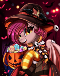 Size: 2550x3209 | Tagged: safe, artist:pridark, part of a set, oc, oc only, oc:velvet silverwing, bat pony, pony, candy, clothes, commission, food, halloween, hat, high res, holiday, socks, solo, striped socks, witch hat, ych result