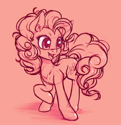 Size: 1048x1080 | Tagged: safe, artist:zetamad, pinkie pie, earth pony, pony, g4, chest fluff, ear fluff, female, looking at something, mare, monochrome, open mouth, raised hoof, sketch, solo, standing, three quarter view, turned head