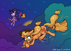 Size: 2886x2094 | Tagged: safe, artist:docwario, artist:littmosa, applejack, twilight sparkle, alicorn, earth pony, pony, g4, adorable distress, broom, cloud, cute, flying, flying broomstick, hat, high res, hoofy-kicks, jacktober, silly, silly pony, twilight sparkle (alicorn), who's a silly pony, witch, witch hat