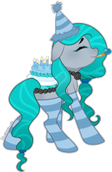 Size: 2136x3280 | Tagged: safe, artist:kurosawakuro, oc, oc only, original species, pond pony, base used, cake, closed species, clothes, food, hat, high res, party hat, party horn, simple background, socks, solo, striped socks, transparent background
