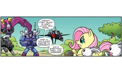Size: 2000x1200 | Tagged: safe, artist:jack lawrence, idw, angel bunny, fluttershy, pegasus, pony, g4, spoiler:comic, spoiler:friendship in disguise, spoiler:friendship in disguise03, comic, decepticon, female, frenzy, friendship in disguise, laserbeak, male, mare, ratbat, ravage, transformers