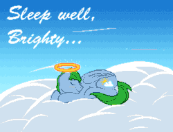 Size: 1144x880 | Tagged: safe, artist:dadio46, oc, oc:bright cloud, pegasus, pony, animated, blushing, cloud, gif, halo, in memoriam, pixel art, rest in peace, sad, sleeping