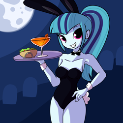 Size: 3000x3000 | Tagged: safe, artist:tjpones, sonata dusk, equestria girls, g4, alcohol, breasts, bunny suit, busty sonata dusk, clothes, cocktail waitress, female, food, full moon, grin, hand on hip, high res, legs together, martini, martini glass, moon, smiling, solo, sonataco, taco, that girl sure loves tacos, that siren sure does love tacos, waitress
