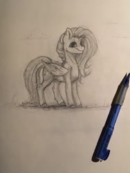 Size: 1536x2048 | Tagged: safe, artist:miokomata, fluttershy, pegasus, pony, g4, female, freckles, freckleshy, mare, mechanical pencil, monochrome, pencil, pencil drawing, solo, traditional art