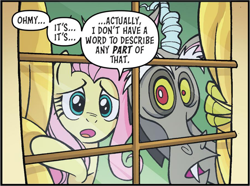 Size: 1264x941 | Tagged: safe, artist:jack lawrence, idw, discord, fluttershy, g4, spoiler:comic, spoiler:friendship in disguise, spoiler:friendship in disguise03, cropped, friendship in disguise, reaction image