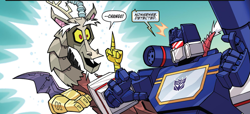 Size: 2761x1262 | Tagged: safe, artist:jack lawrence, idw, discord, draconequus, robot, robot draconequus, g4, spoiler:comic, spoiler:friendship in disguise, spoiler:friendship in disguise03, cropped, discbot, friendship in disguise, roboticization, soundwave, transformers