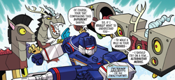 Size: 2761x1272 | Tagged: safe, artist:jack lawrence, idw, discord, draconequus, robot, robot draconequus, g4, spoiler:comic, spoiler:friendship in disguise, spoiler:friendship in disguise03, cropped, discbot, friendship in disguise, roboticization, soundwave, transformers