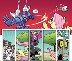 Size: 2761x2344 | Tagged: safe, artist:jack lawrence, idw, angel bunny, discord, fluttershy, draconequus, pegasus, pony, rabbit, raccoon, robot, squirrel, g4, spoiler:comic, spoiler:friendship in disguise, spoiler:friendship in disguise03, animal, cropped, frenzy, friendship in disguise, high res, it was at this moment that he knew he fucked up, ratbat, ravage, this will end in death, transformers
