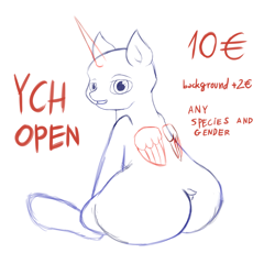 Size: 6795x6795 | Tagged: safe, artist:khaki-cap, any gender, any species, anypony, commission, commission open, example, extra thicc, large butt, looking at you, looking back, price tag, sitting, the ass was fat, ych sketch, your character here