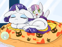 Size: 2224x1668 | Tagged: safe, artist:batipin, rarity, sweetie belle, pony, unicorn, g4, behaving like a cat, cat toy, duo, eyes closed, floppy ears, lying down, open mouth, pet bed, prone, starry eyes, underhoof, wingding eyes