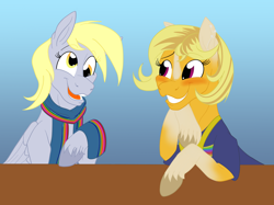 Size: 2914x2174 | Tagged: safe, artist:sixes&sevens, derpy hooves, doctor whooves, time turner, earth pony, pegasus, pony, g4, blushing, clothes, doctor who, duo, female, high res, lesbian, mare, ponified, scarf, ship:doctorderpy, shipping, shirt, suspenders, the doctor, thirteenth doctor, thirteenth doctor's scarf