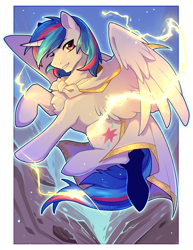 Size: 1600x2070 | Tagged: safe, artist:九枭, oc, oc only, oc:lucent starscape, oc:星夜流光, alicorn, pony, alicorn oc, cape, clothes, horn, lightning, male, solo, wings