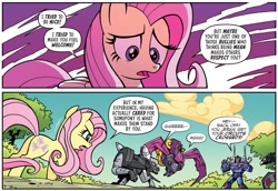 Size: 1523x1048 | Tagged: safe, artist:jack lawrence, idw, fluttershy, pegasus, pony, robot, g4, spoiler:comic, spoiler:friendship in disguise, spoiler:friendship in disguise03, butt, comic, cropped, female, frenzy, friendship in disguise, laserbeak, mare, plot, ratbat, ravage, transformers, wingless
