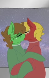 Size: 640x1009 | Tagged: safe, artist:forgottenchesire, oc, oc:gadget, oc:peppermint tumble, earth pony, pegasus, pony, among us, among us au, base used, gay, kissing, male, shipping