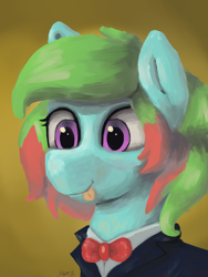 Size: 3000x4000 | Tagged: safe, artist:doughnutwubbs, oc, oc:precised note, pegasus, pony, bowtie, bust, clothes, cute, eyelashes, portrait, purple eyes, smiling, suit, tongue out, tuxedo, two toned mane, watermark