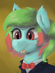 Size: 3000x4000 | Tagged: safe, alternate version, artist:doughnutwubbs, oc, oc:precised note, pony, vampire, vampony, bowtie, bust, clothes, cute, ear fluff, eyelashes, fangs, portrait, race swap, slit pupils, smiling, suit, tongue out, tuxedo, two toned mane, watermark