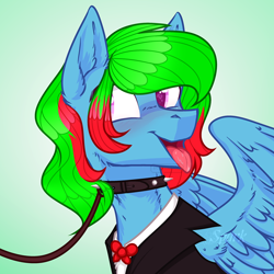 Size: 960x960 | Tagged: safe, anonymous artist, artist:sparkling_light base, oc, oc:precised note, pegasus, pony, bowtie, bust, clothes, collar, eyelashes, gradient background, heart eyes, leash, looking sideways, open mouth, pet play, portrait, smiling, suit, tongue out, tuxedo, two toned mane, watermark, wingding eyes, wings