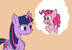 Size: 1224x848 | Tagged: safe, artist:cmara, pinkie pie, twilight sparkle, alicorn, earth pony, pony, g4, bipedal, confused, crossed arms, female, mare, open mouth, raised eyebrow, raised hoof, simple background, tan background, thought bubble, twilight sparkle (alicorn)