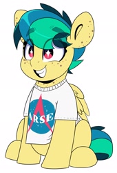 Size: 1393x2048 | Tagged: safe, artist:partypievt, oc, oc only, oc:apogee, pegasus, pony, acronym, arse, clothes, eye clipping through hair, eyebrows, eyebrows visible through hair, female, nasa, oversized clothes, oversized shirt, shirt, simple background, sitting, solo, t-shirt, white background, wingding eyes