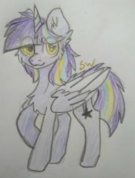Size: 843x1118 | Tagged: safe, anonymous artist, oc, oc:twinkle starstone, alicorn, pony, alicorn oc, chest fluff, cutie mark, eye clipping through hair, folded wings, horn, looking at you, raised hoof, request, smiling, traditional art, two toned wings, watermark, wings