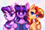 Size: 2855x1932 | Tagged: safe, artist:avrameow, starlight glimmer, sunset shimmer, twilight sparkle, pony, unicorn, g4, book, counterparts, cute, female, glasses, looking at you, mare, open mouth, trio, trio female, twilight's counterparts, unicorn twilight