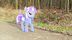 Size: 2560x1440 | Tagged: safe, artist:firefox195, artist:tomasdrah, oc, oc:twinkle starstone, alicorn, pony, 3d, alicorn oc, cutie mark, eyelashes, folded wings, horn, irl, photo, road, shading, shadow, smiling, teeth, tree, two toned wings, walking, wallpaper, wings