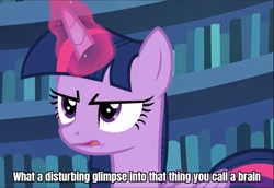 Size: 1365x939 | Tagged: safe, edit, edited screencap, screencap, twilight sparkle, alicorn, pony, fame and misfortune, g4, annoyed, caption, cropped, cute, female, glowing horn, horn, image macro, reaction image, solo, text, the umbrella academy, twilight sparkle (alicorn)
