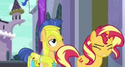 Size: 1257x681 | Tagged: safe, screencap, flash sentry, sunset shimmer, pegasus, pony, unicorn, equestria girls, equestria girls series, forgotten friendship, g4, eyes closed, female, great moments in animation, male, mare, stallion