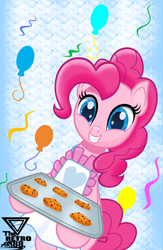 Size: 1990x3060 | Tagged: safe, artist:theretroart88, pinkie pie, earth pony, pony, g4, apron, clothes, cookie, cute, diapinkes, food, smiling at you