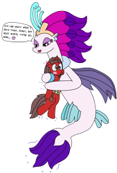 Size: 2084x3076 | Tagged: safe, artist:supahdonarudo, queen novo, oc, oc:ironyoshi, seapony (g4), unicorn, g4, my little pony: the movie, blushing, dialogue, heart, high res, hug, simple background, size difference, speech bubble, this will end in snu snu, transparent background