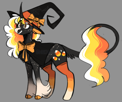 Size: 1163x973 | Tagged: safe, artist:wanderingpegasus, oc, oc only, classical unicorn, pony, unicorn, bow, cape, clothes, cloven hooves, curved horn, female, halloween, hat, holiday, horn, leonine tail, mare, simple background, solo, unshorn fetlocks, witch hat