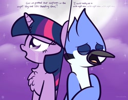 Size: 3250x2560 | Tagged: dead source, safe, artist:php142, twilight sparkle, bird, blue jay, pony, unicorn, g4, aeroplanes and meteor showers, airplanes (song), chest fluff, crossover, crossover shipping, crying, eyes closed, high res, male, meme, moon, mordecai, mordetwi, open mouth, redraw mordetwi meme, regular show, sad, stars, unicorn twilight