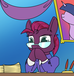 Size: 1300x1336 | Tagged: safe, artist:dacaoo, tempest shadow, twilight sparkle, pony, unicorn, g4, broken horn, clothes, desk, gendo pose, glasses, horn, picture frame, suit