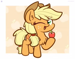 Size: 3250x2560 | Tagged: safe, artist:php142, applejack, earth pony, pony, apple, applejack's hat, chest fluff, chibi, cowboy hat, cute, ear fluff, food, freckles, hat, hoof hold, jackabetes, looking at you, one eye closed, open mouth, raised hoof, smiling, solo, wink