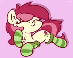 Size: 3250x2560 | Tagged: dead source, safe, artist:php142, roseluck, earth pony, pony, g4, chest fluff, clothes, cute, ear fluff, eyes closed, female, high res, lying down, mare, pink background, prone, raised hoof, rosabetes, simple background, socks, solo, striped socks