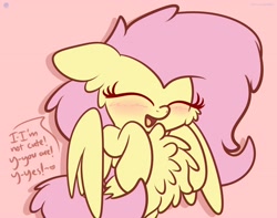 Size: 3250x2560 | Tagged: safe, artist:php142, fluttershy, pegasus, pony, blatant lies, blushing, bust, cheek fluff, chest fluff, cute, daaaaaaaaaaaw, dialogue, ear fluff, eyes closed, female, floppy ears, heart, hooves to the chest, i'm not cute, impossibly large chest fluff, mare, no u, open mouth, pink background, raised hoof, shyabetes, simple background, smiling, solo, spread wings, three quarter view, weapons-grade cute, wings