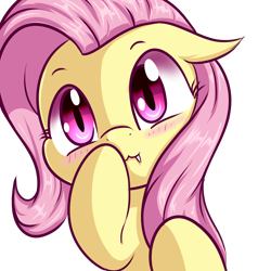 Size: 1600x1600 | Tagged: safe, artist:magician-horse, fluttershy, bat pony, pony, g4, :3, bat ponified, blushing, bust, covering mouth, cute, fangs, female, floppy ears, flutterbat, front view, full face view, looking at you, mare, portrait, race swap, raised hoof, red eyes, shyabates, shyabetes, simple background, solo, transparent background