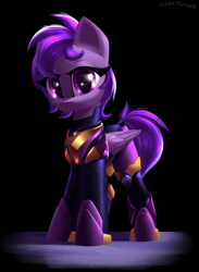 Size: 2200x3000 | Tagged: safe, artist:shido-tara, oc, oc only, oc:starshine bomber, pegasus, pony, armor, commission, high res, looking at you, pegasus oc, simple background, solo, wings