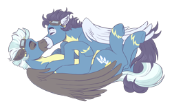 Size: 3500x2200 | Tagged: safe, artist:monnarcha, soarin', thunderlane, pegasus, pony, g4, alternate hairstyle, clothes, commission, ear fluff, gay, goggles, high res, hug, kiss on the lips, kissing, lying down, male, on back, on top, raised hoof, raised leg, shipping, simple background, soarilane, stallion, stubble, transparent background, uniform, wonderbolts, wonderbolts uniform