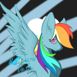 Size: 1063x1063 | Tagged: source needed, safe, artist:eric0999, rainbow dash, pegasus, pony, g4, bust, cutie mark background, ear fluff, female, looking at you, mare, name, portrait, profile, smiling, solo, spread wings, wings