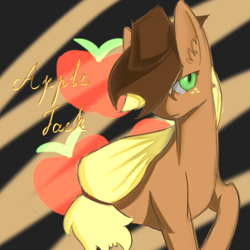 Size: 1063x1063 | Tagged: source needed, safe, artist:eric0999, applejack, earth pony, pony, g4, bust, cutie mark background, ear fluff, female, hat over eyes, looking at you, mare, name, portrait, raised hoof, solo, turned head
